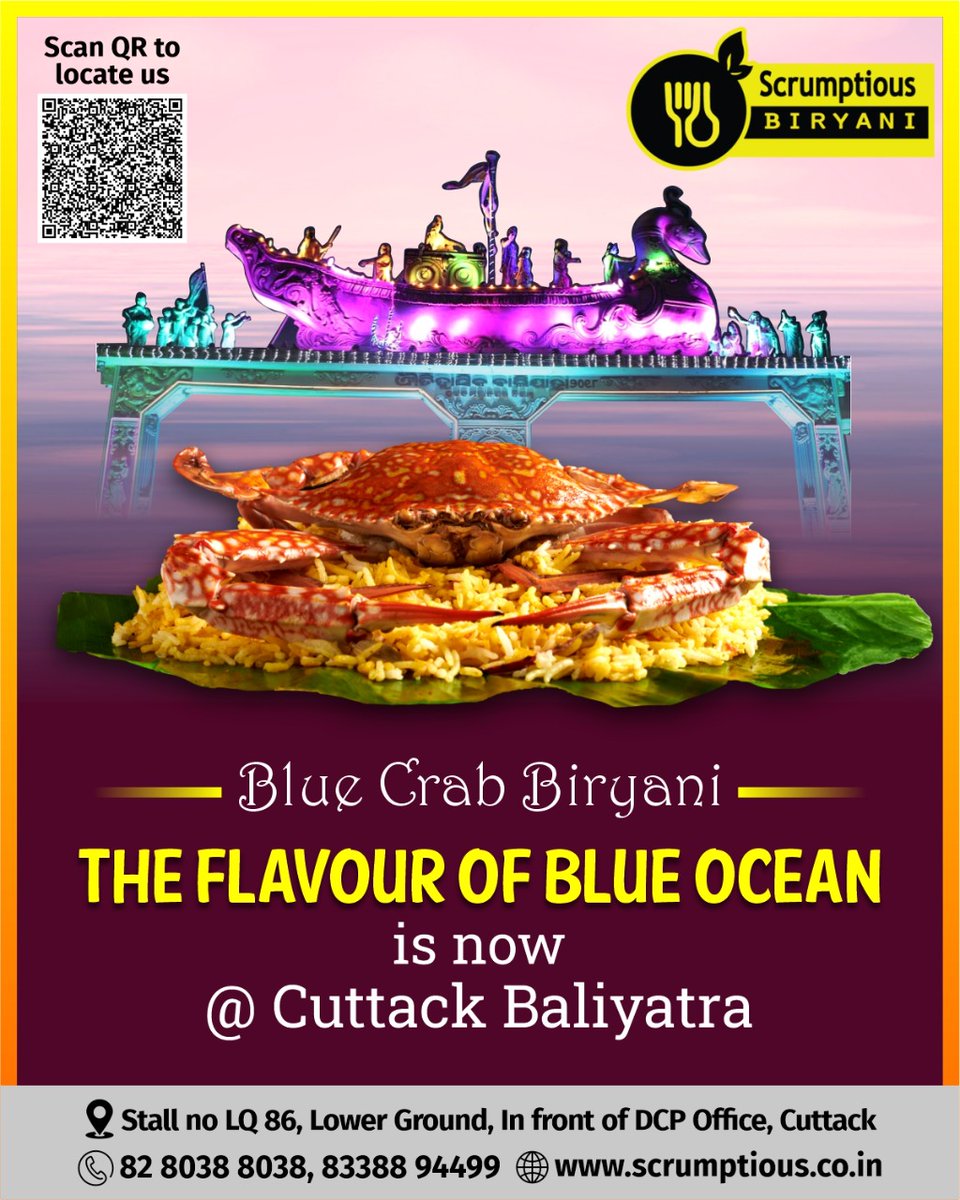 scrumptious_ind's tweet photo. Discover the deliciousness of #BlueCrabBiryani @ Baliyatra2022...

Visit our Stall @ Stall no LQ, Lower Ground, In front of DCP Office, Cuttack

✆  𝟴𝟮 𝟴𝟬𝟯𝟴 𝟴𝟬𝟯𝟴 / 𝟴𝟯𝟯𝟴𝟴 𝟵𝟰𝟰𝟵𝟵 
🌐  https://t.co/TPlvRC9shu 

#ScrumptiousBiryani #ବାଲିଯାତ୍ରା #Baliyatra #Cuttack https://t.co/XxCnPXOKu8