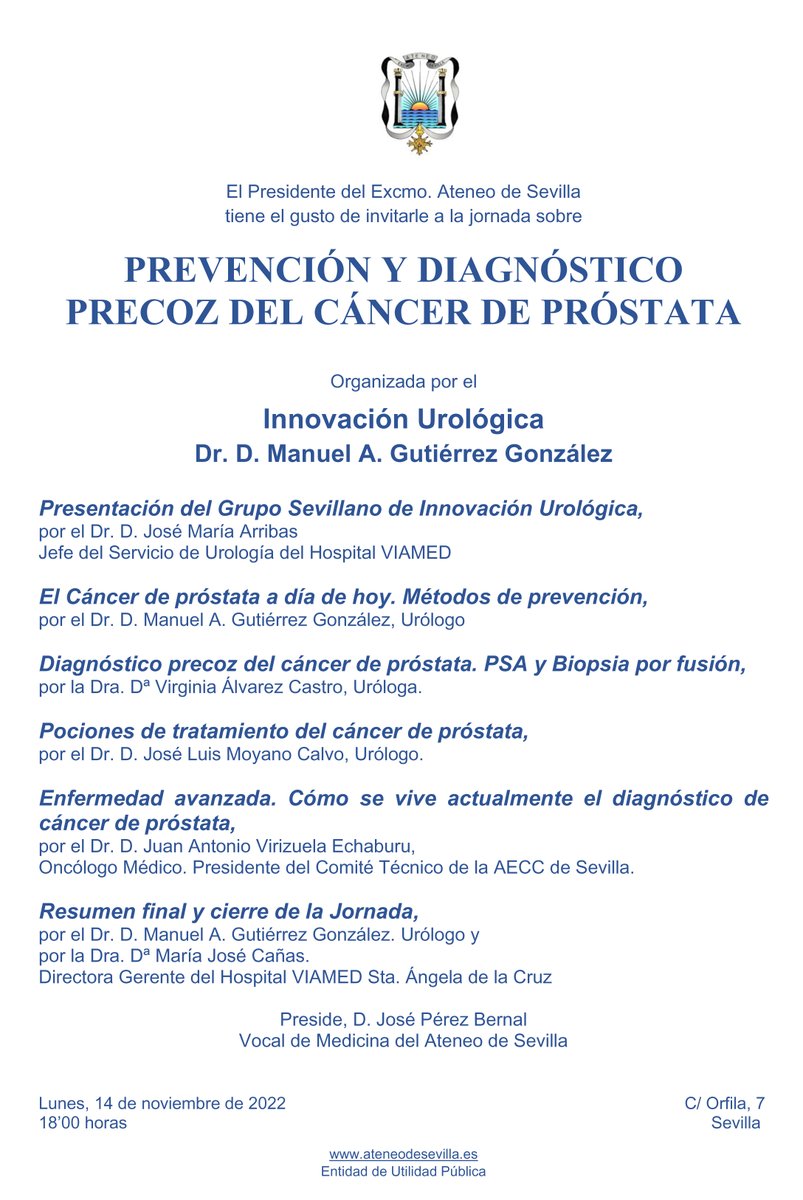 DrPerezBernal's tweet photo. Éxito de la Jornada divulgativa sobre prevención y diagnóstico precoz del #cáncer de #próstata en el @ateneodesevilla, con el Grupo @InnovaUrologica de #Viamed Santa Ángela de la Cruz. @viamedsalud #TDSActualidad @SaludConsumoSe @MGutierrezUro @LcCapitan @JVirizuela https://t.co/HXSD9aZXYa