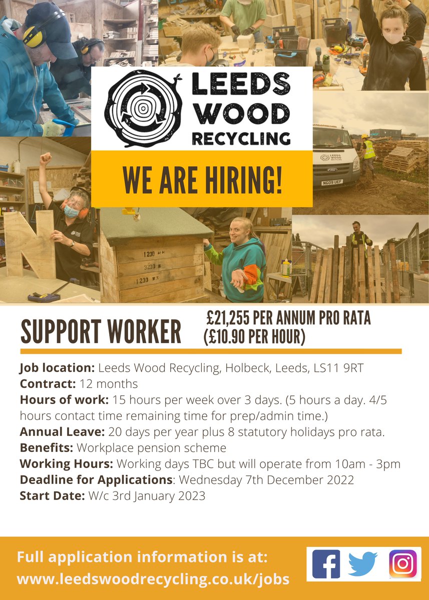 We're recruiting a Support Worker! More info at leedswoodrecycling.co.uk/jobs Deadline for Applications: Wed. 7th December 2022 @MindWellLeeds @BBCLeeds @lightonleeds @ConnectingLeeds @LeedsMind @MHealthyLEEDS @clothcatleeds @LeedsCommFound @LeedsMensHealth @LeedsAHWN @Health_Leeds