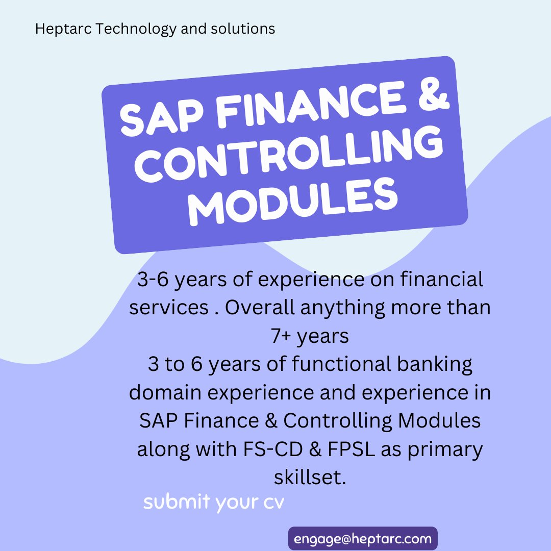 HeptarcL's tweet photo. We are hiring. Know anyone who might be interested? #job #hiringalert #hiringnow #SAP #FINANCE #FPSL  
#SAPControlling #leadjobs https://t.co/uEQ4vqNspu