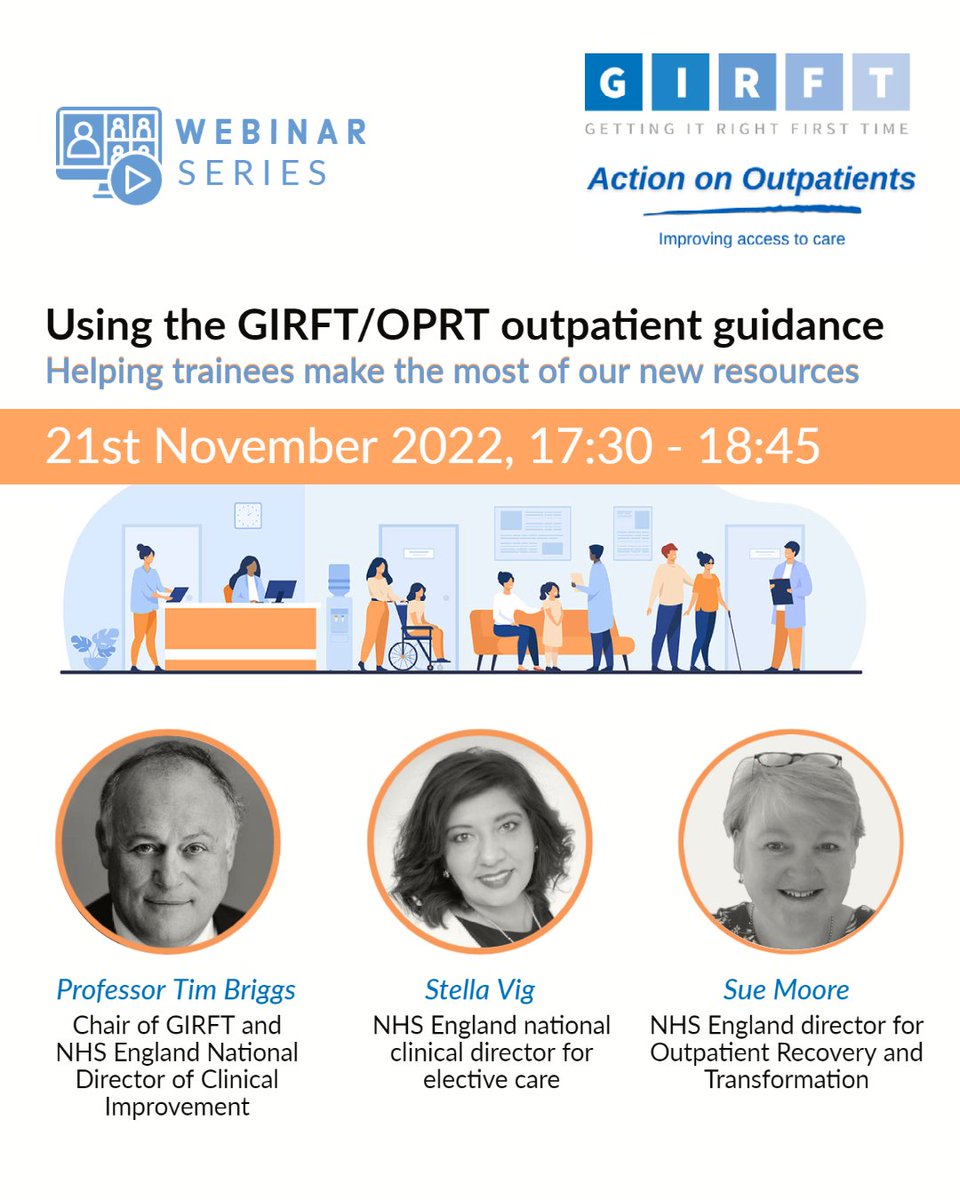 NHSGIRFT's tweet photo. To accompany last week's #outpatients guidance release, GIRFT/#OPRT are holding a dedicated session for trainees:
๐๏ธ 21/11
โ๏ธ 5:30-6:45pm
Read the guidance (or skip to the 12 specialty chapters) and complete your webinar sign-up below:
๐https://t.co/Mfd7FB9g9p (via FutureNHS) https://t.co/FR7if9I9aK