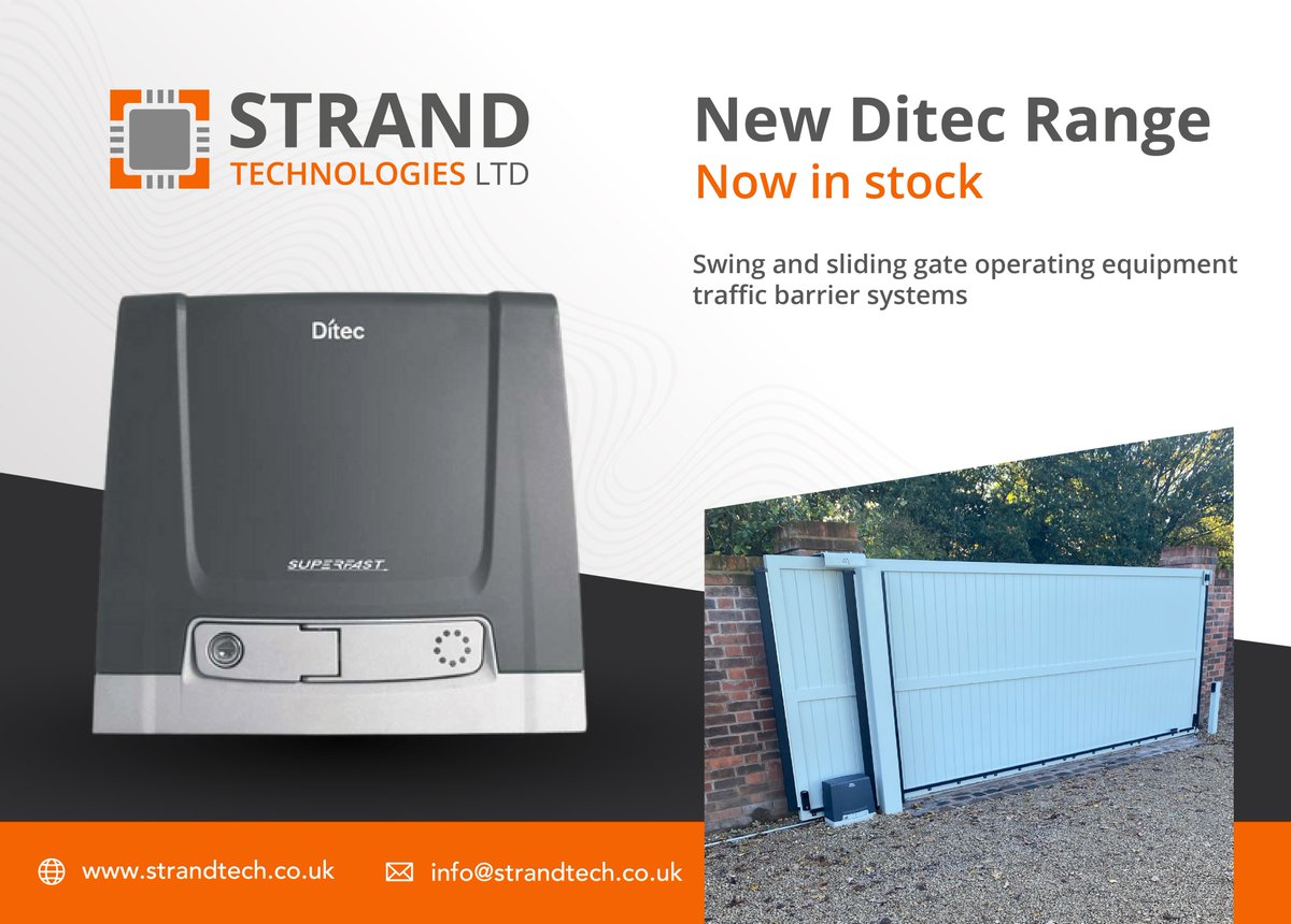 The Ditec sliding gate range provides automated systems for gates up to 3000 kg in weight. Weather resistant, they combine strength with a modern elegant design.

Explore the Ditec range at: strandtech.co.uk

#slidinggate #gateautomation #automaticgates #electric #gates