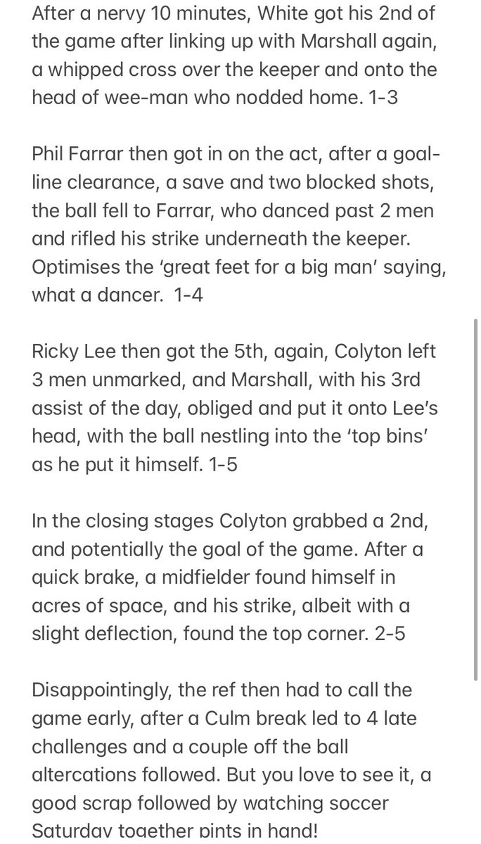 FT - Colyton 2-5 Culm Utd

Scorers:
Cumes⚽️
White⚽️
Lee⚽️⚽️
Farrar⚽️
MOTM - Marshall👑
DOTD - Clancy🍆

Match Report below: