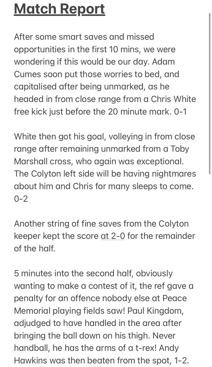 CulmUnited's tweet photo. FT - Colyton 2-5 Culm Utd

Scorers:
Cumes⚽️
White⚽️
Lee⚽️⚽️
Farrar⚽️
MOTM - Marshall👑
DOTD - Clancy🍆

Match Report below: https://t.co/Y75zCIazjf