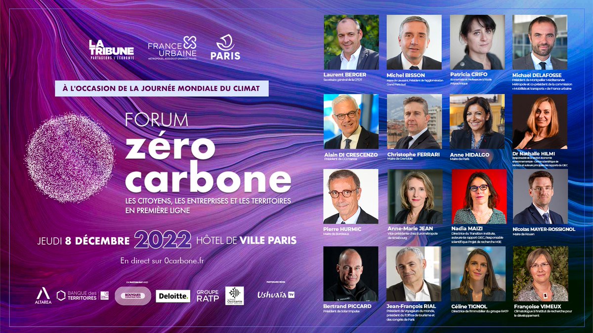 latribuneevents's tweet photo. 📢 Le #ForumZeroCarbone revient à #Paris le 8/12 à l'occasion de la Journée Mondiale du #Climat, co-organisée par @LaTribune, @France_urbaine &amp; @Paris, les citoyens, les entreprises et les territoires sont en première ligne
📅 RDV 8h00 à l'Hôtel de Ville
👉https://t.co/dR946gtoK8 https://t.co/KwZZsLrvLO