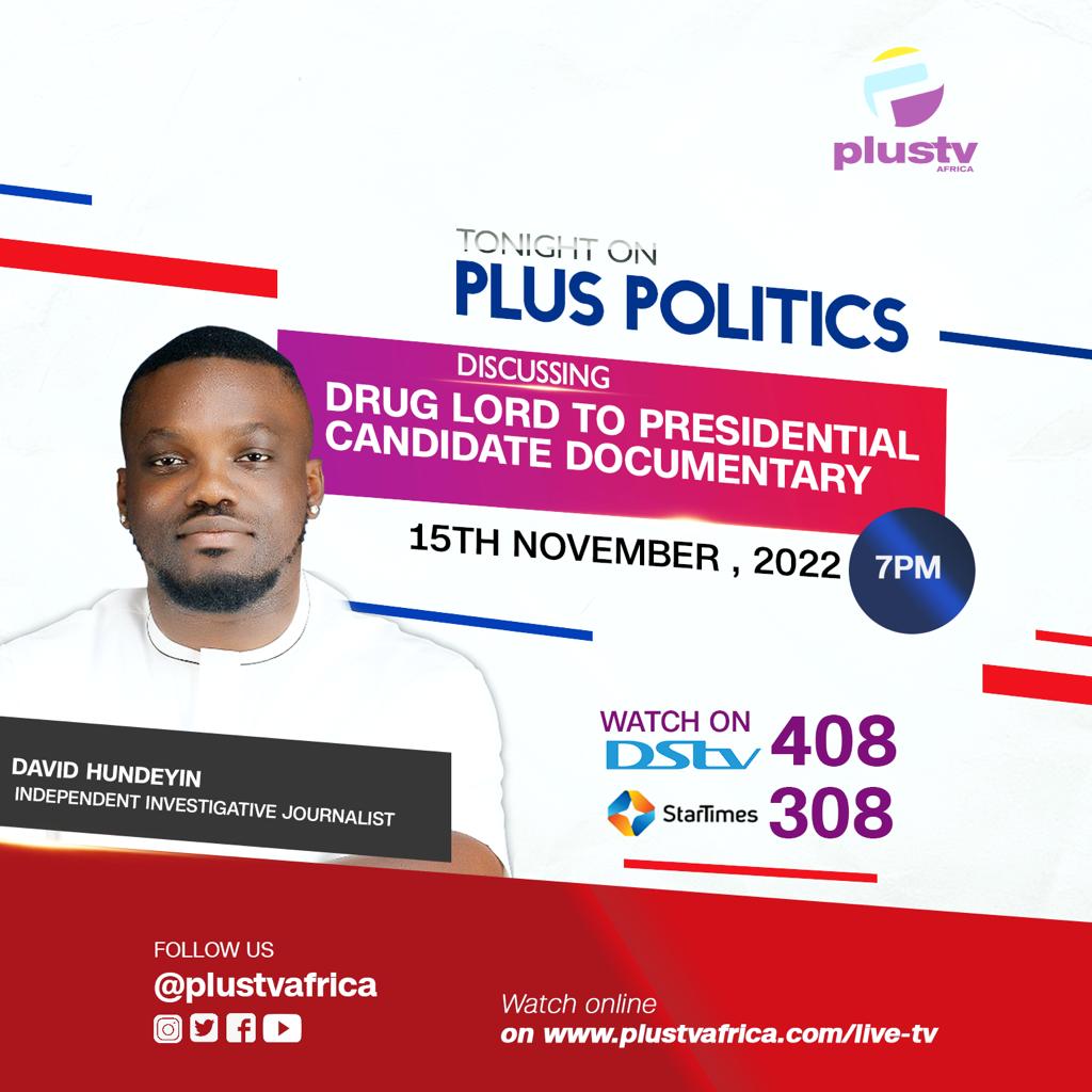 DavidHundeyin's tweet photo. I will be on Plus TV Africa at 7PM to speak further on Bola Ahmed Tinubu's sordid history with drug trafficking. https://t.co/ntu91yobOl