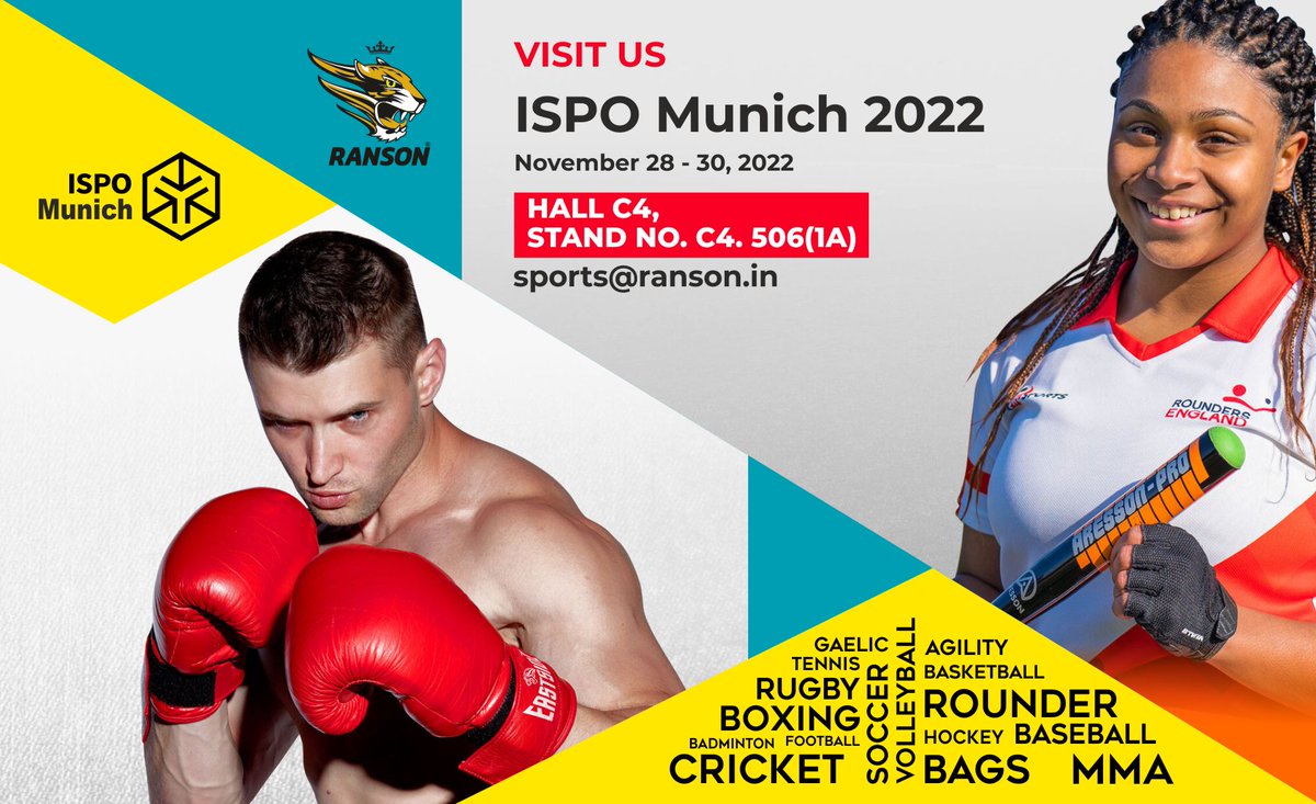 RansonSports's tweet photo. Are you going to @ispo in #Munich, #Germany? #Visit us  in Hall C4, Booth 506 (1A).
@iArvindRana @RanaRaghunathS @sgepc1958 
#Cricket #Gaelic #Boxing #Baseball #MMA #Bags #Holdalls #Sports #Agility #Rounders #Equipment #Aresson https://t.co/UwP9riRiPF