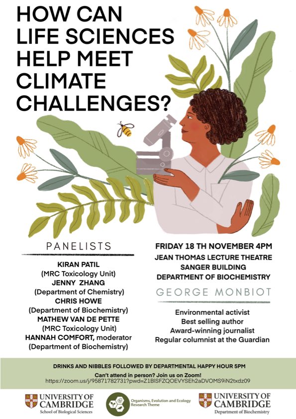 Very proud for <a href="/CamBiochem/">Cambridge Biochemistry</a> to host a <a href="/Cambridge_SBS/">School of Biological Sciences</a> event on how biology might save us in a changing climate. Featuring  environmentalist, author and journalist <a href="/GeorgeMonbiot/">George Monbiot</a>.