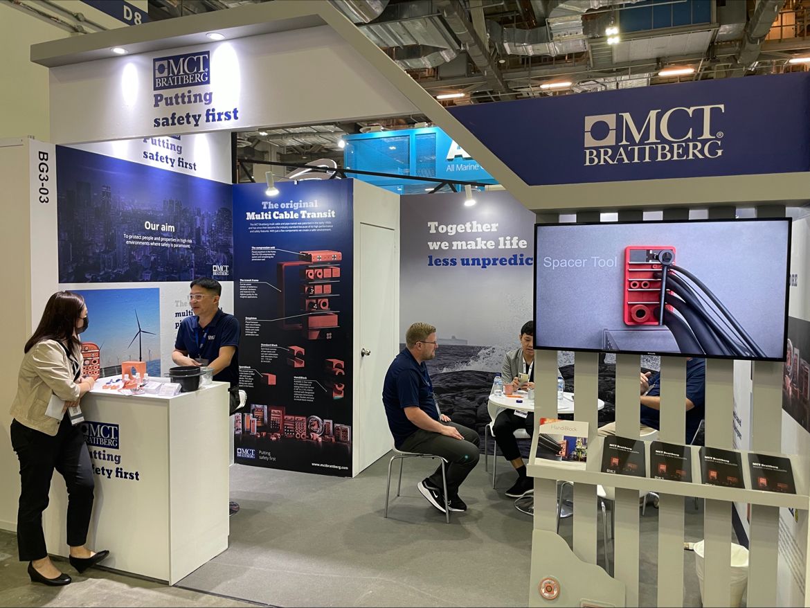 MCTBrattberg's tweet photo. First day at the #OSEA2022 exhibition in Singapore. Come and visit #mctbrattberg stand BG3-03 and book a personal meeting or ask us a question about #cable #transits MCT #cableandpipeseals #puttingsafetyfirst #sealingsolutions #originalmct #inventorofthemulticabletransit #safety https://t.co/As98v4vgd2