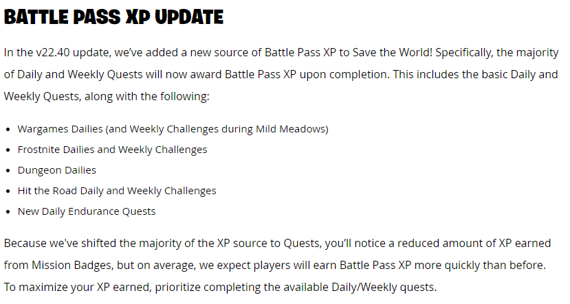 Fortnite STW Update: Earn Battle Pass XP by Completing missions in STW!