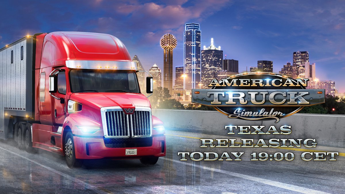 Howdy partners, it's almost time to ride 🤠

We are happy to announce that the Texas DLC will be released TODAY at 19:00 CET 🇺🇸

We will also be hosting a special live stream, event &amp; giveaway! Find out all the info at our blog: blog.scssoft.com/2022/11/texas-…  🚛💨