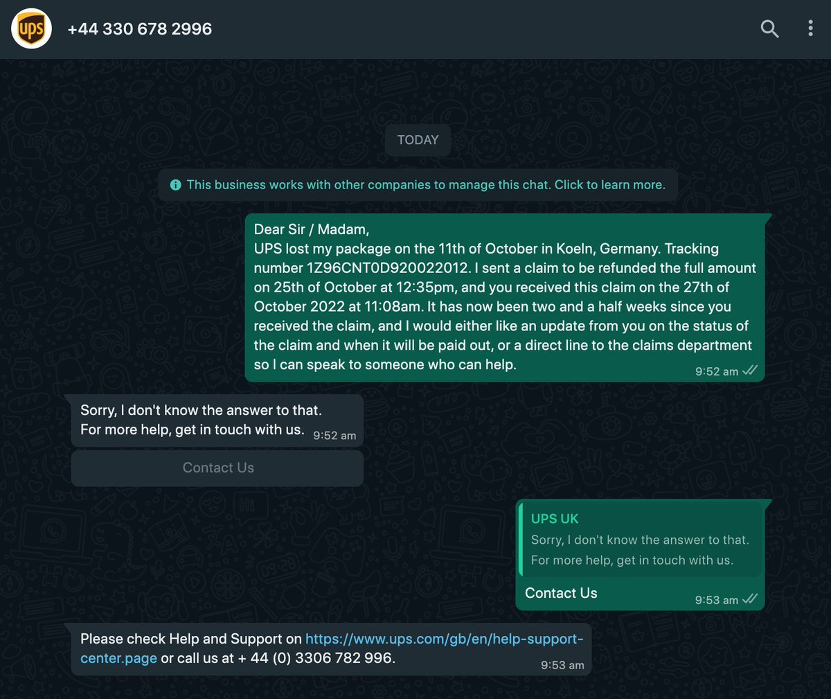 samueljaym's tweet photo. @UPS_UK how do I get in contact with someone about a missing parcel claim? Your customer service number in Guatemala has been less than helpful, I never received an email back from ukieclaims@ups.com, and your WhatsApp is a robot. Can I speak to a real human in the UK? https://t.co/TOrNw2RTFZ