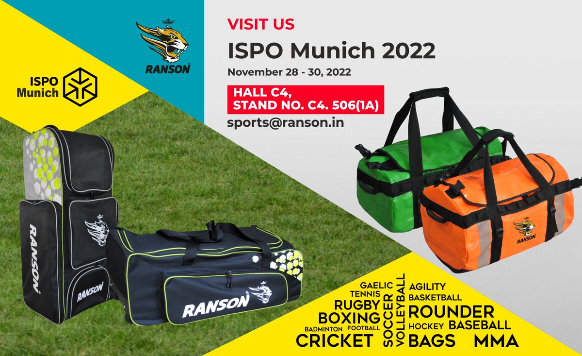 RansonSports's tweet photo. Are you going to @ispo in #Munich, #Germany? #Visit us  in Hall C4, Booth 506 (1A).
@iArvindRana @RanaRaghunathS @sgepc1958 
#Cricket #Gaelic #Boxing #Baseball #MMA #Bags #Holdalls #Sports #Agility #Rounders #Equipment #Aresson https://t.co/H5HcPdGuVC