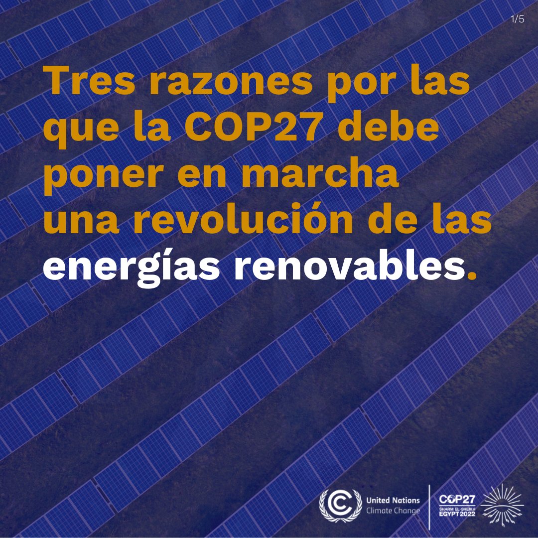 CMNUCC's tweet photo. 💡Hoy es el día de la #energía en la #COP27 de Sharm el Sheij.

↘️ Reducción de emisiones
🔌 Seguridad energética
 💨Mejora de la calidad del aire
👷‍♀️Creación de puestos de trabajo sostenibles...

...la lista de beneficios del cambio a las #renovables es larga.

👇✍️ @IEA