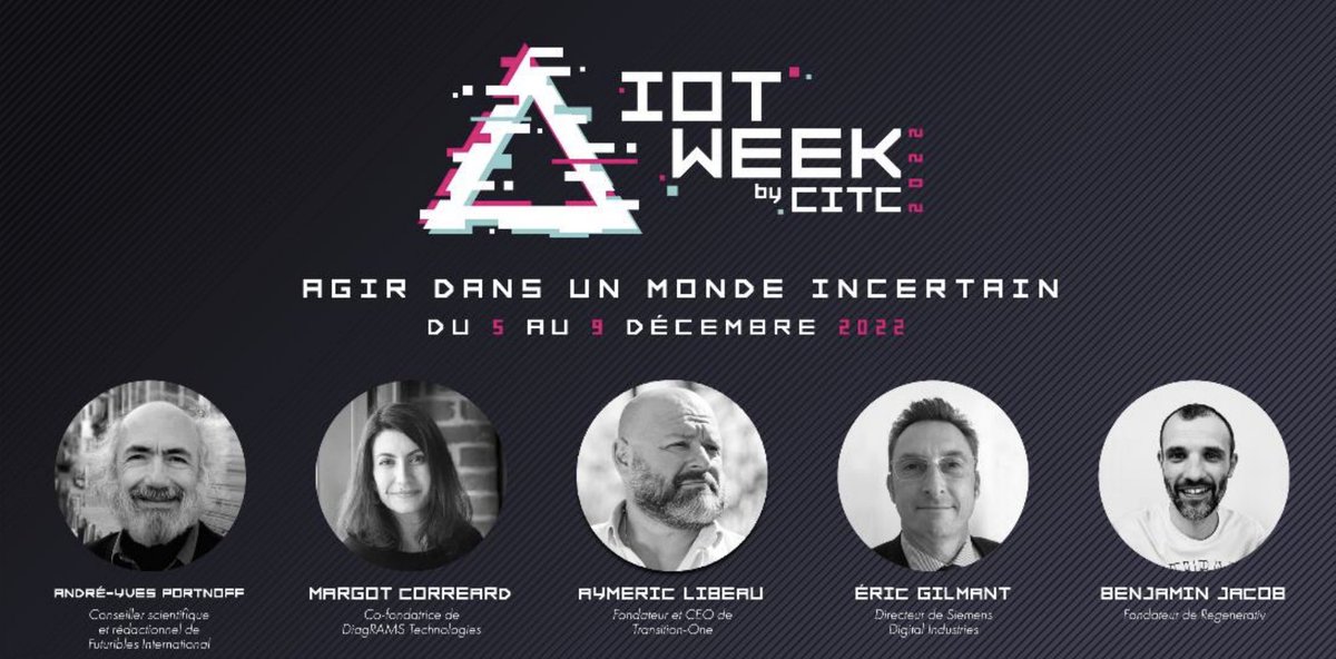 1Kubator's tweet photo. #INCUBATION ✈️ | Sans vous dévoiler la programmation de l’IoT Week by CITC 2022, on vous révèle les premiers #speakers ! 🤩
@AYPortnoff @MargotCorreard @Aymericlibeau, @EricGilmant @BenjaminJacob
👉 Rdv la semaine du 5 au 9 Décembre 2022 ! https://t.co/RvOglnF5L3