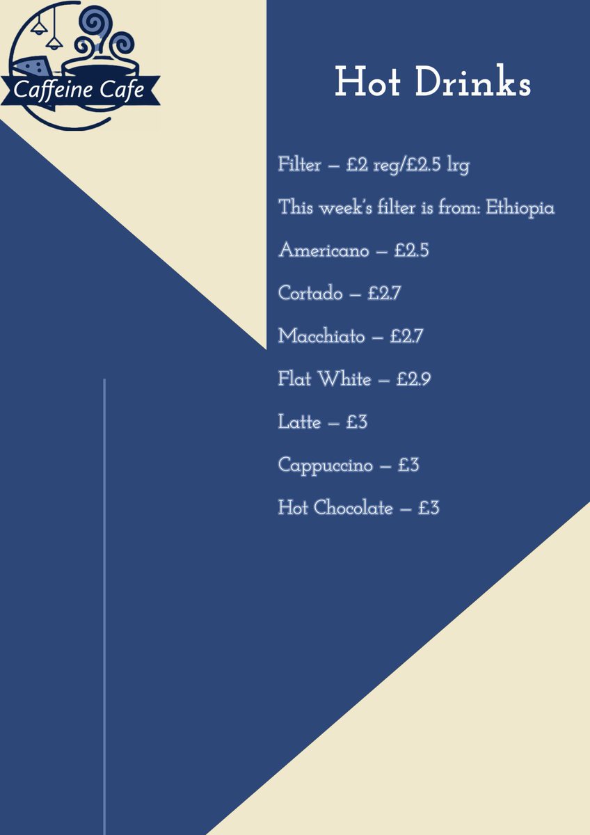 CaffeineCafe1's tweet photo. Hello everyone!  

This is our drinks menu. Follow us for further news about Caffeine Café. https://t.co/6BxK1cvQ9Q
