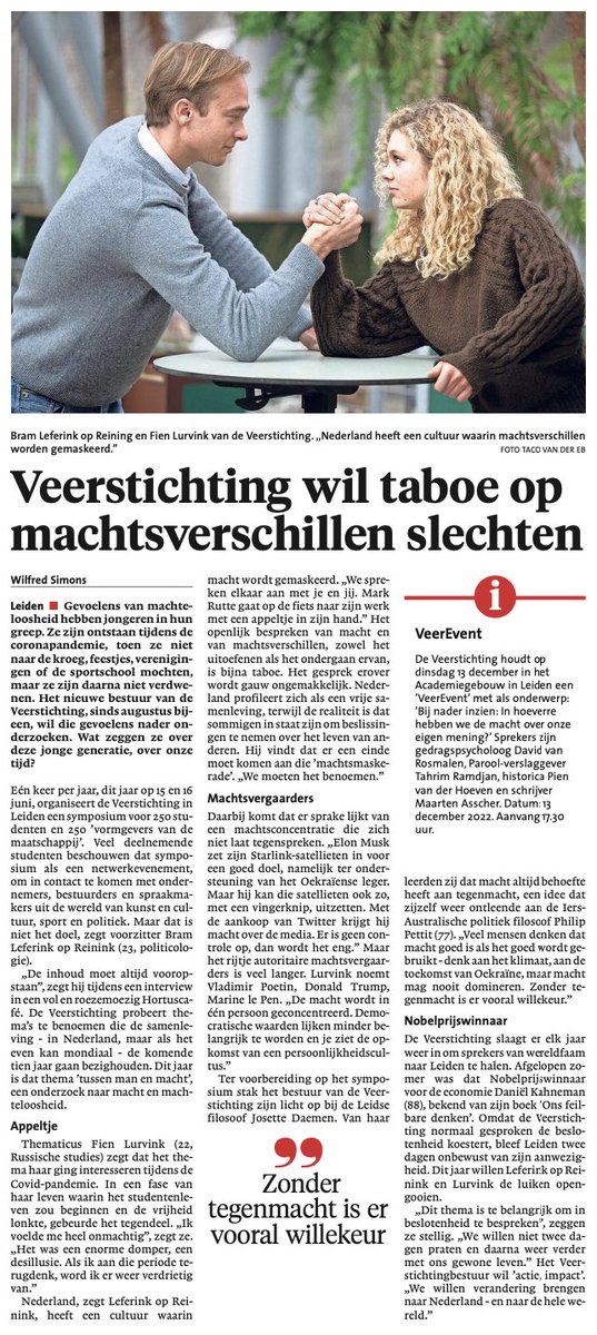Het nieuwe thema ‘Tussen man en macht’ is bekend en dat betekent dat de discussie kan losbarsten. De Veerstichting mocht in een interview bij het Leidsch Dagblad het debat over de machtsstructuren in onze samenleving openen. Lees het hier!
