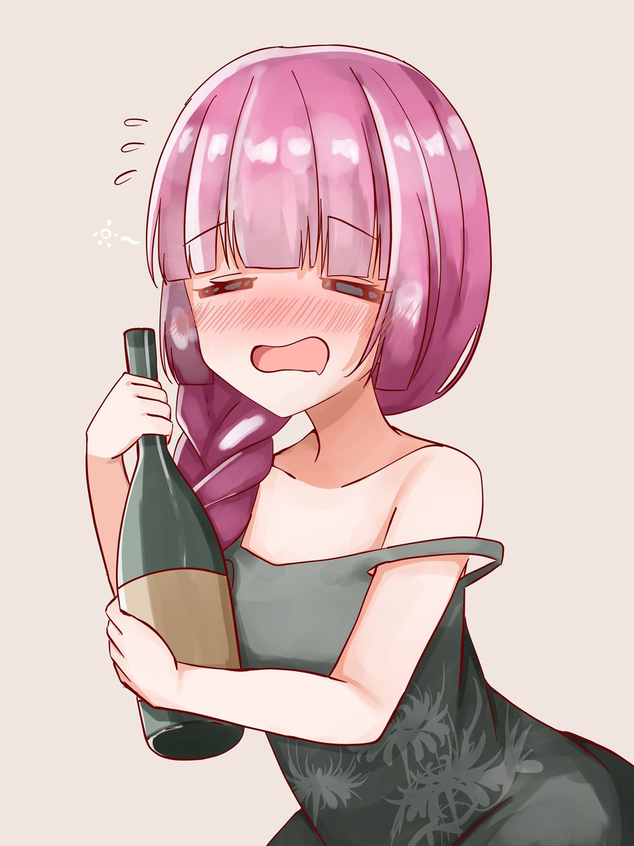 1girl solo braid drunk dress blush bottle  illustration images