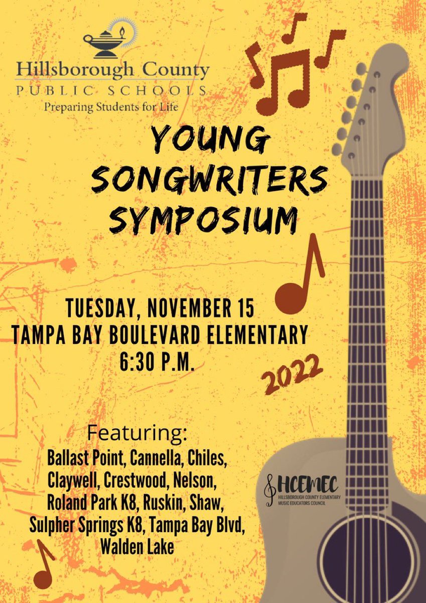 Come out and show your #support for our amazing #youngmusicians at the Young Songwriters Symposium! Proud to work in partnership with <a href="/HillsboroughSch/">Hillsborough Schools</a> to present this amazing opportunity for our students!