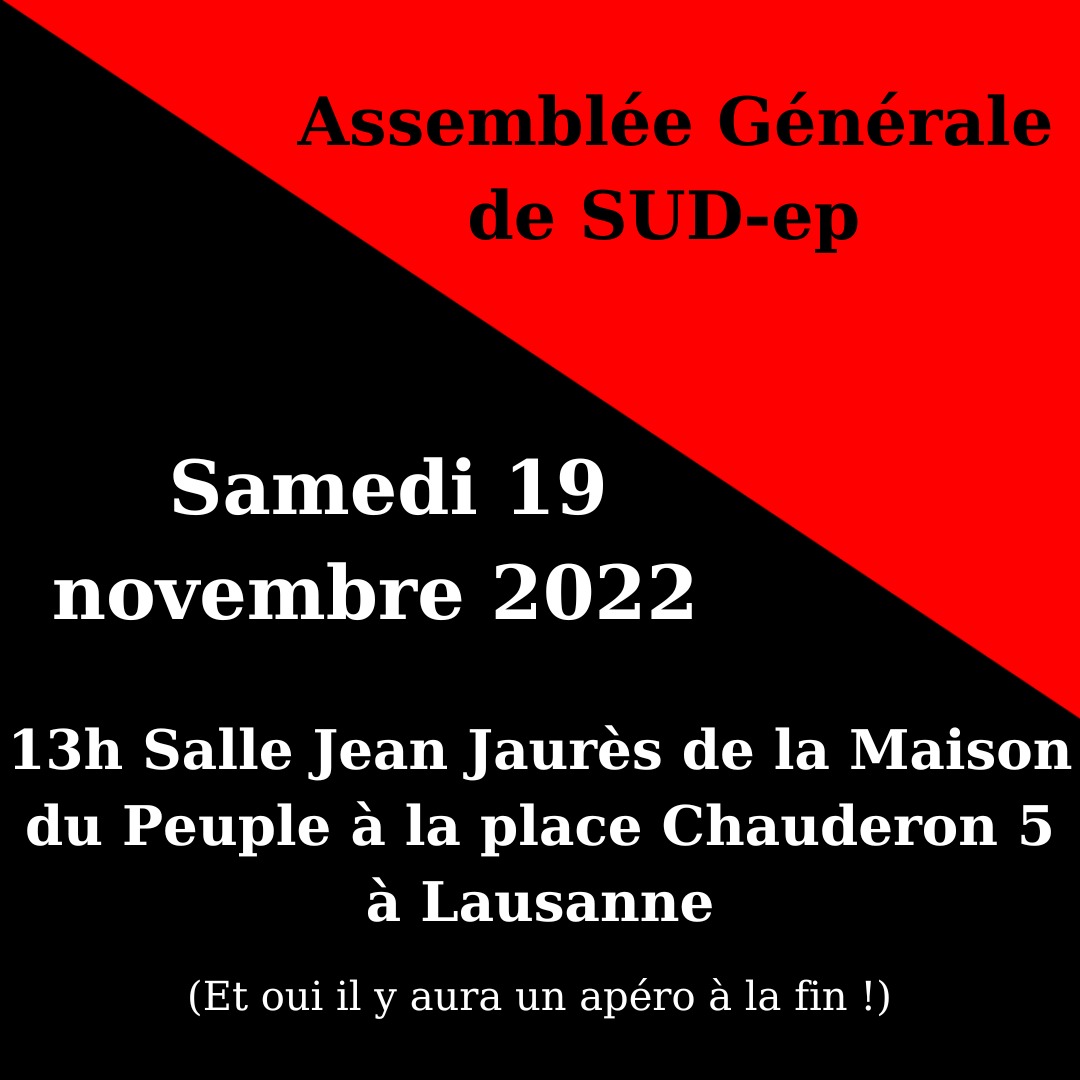 SUD_EP's tweet photo. 📢🔴L’assemblée générale de SUD-EP aura lieu le samedi 19 novembre 2022 ! Le moment est venu de présenter nos activités passées et à venir, de parler d’idées de campagne et de discuter autour d’un apéro prolongé. Tu es le/la bienvenu.e en salle Jean Jaurès de la Maison du Peuple https://t.co/qdeNBFmYL2