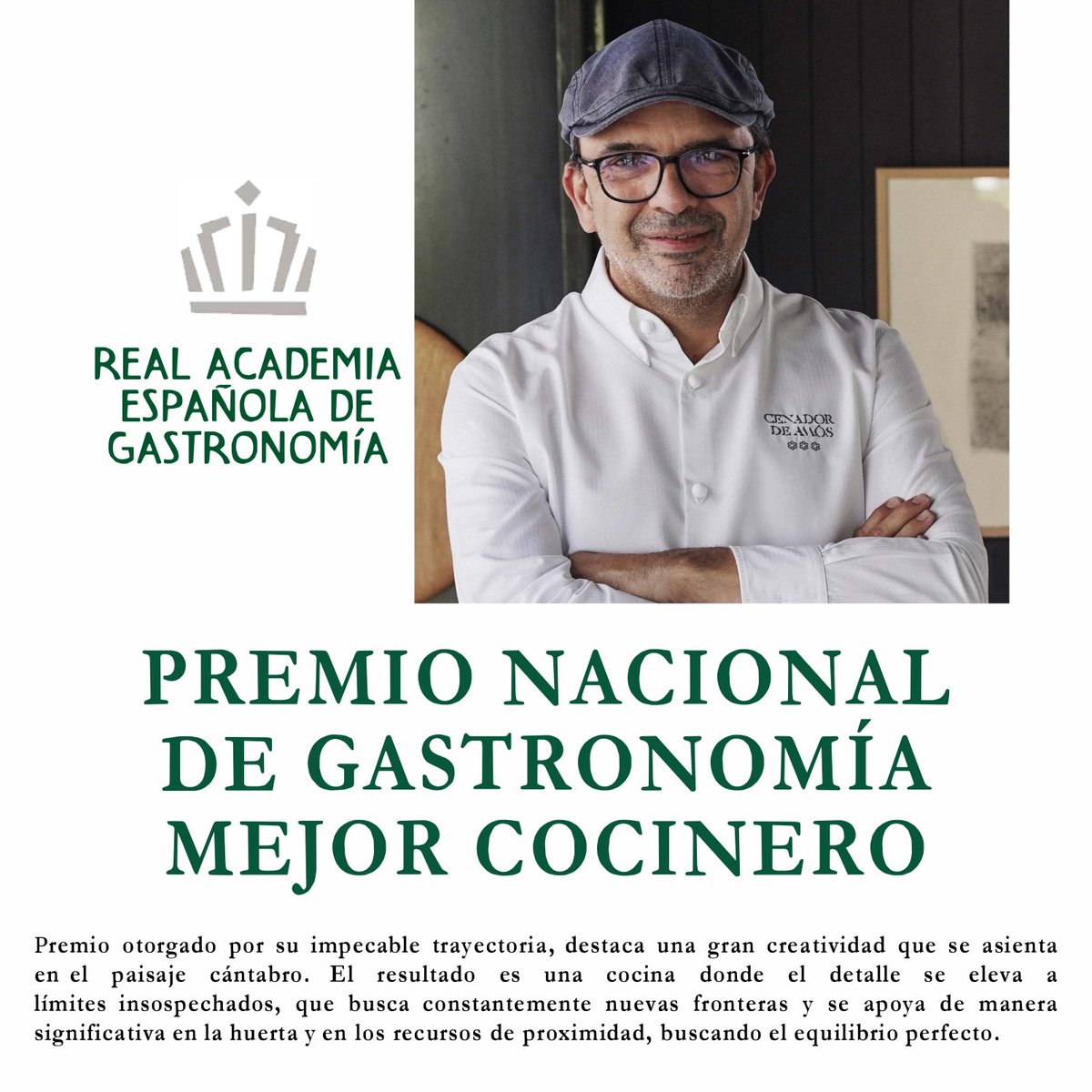 Hoy es un gran día y puedes acompañarnos. Sigue en directo la entrega de los Premios Nacionales de la Real Academia de Gastronomía #PNG22 desde el <a href="/museoreinasofia/">Museo Reina Sofía</a> a las 12h.

Muy honrado por recibir el Premio Nacional de Gastronomía <a href="/RAGinforma/">Real Academia de Gastronomía</a>