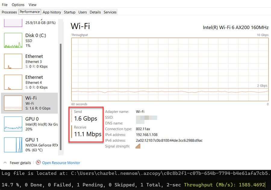 CHARBELNEMNOM's tweet photo. Uploading 100 GiB #VHD file to #Azure #WestEurope as #StandardSSD in real-time over Wi-Fi...
The throughput at 1.6 Gbps is not bad :)
Let's guess how much it will take to complete this transfer!!!
#AzCopy #AzureCompute https://t.co/4WZvBkjZJH