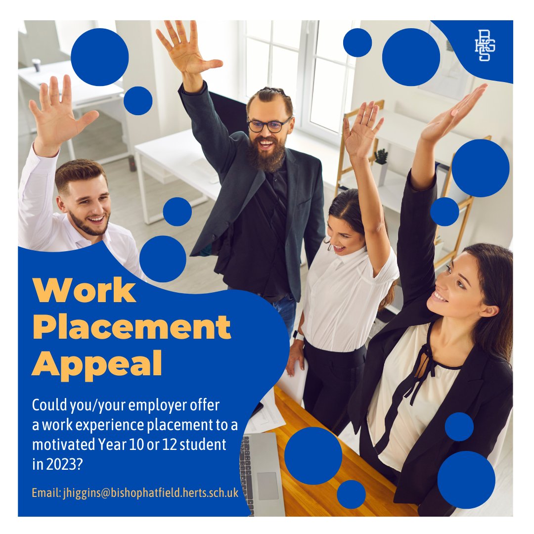 Could you/your employer help with a work experience placements for our pupils in 2023? Yr10 is 10-14 July; Yr12 is 17-21 July. If so, please get in touch with Head of Careers, Mrs Higgins (jhiggins@bishophatfield.herts.sch.uk) #workexperience #workplacement #careers