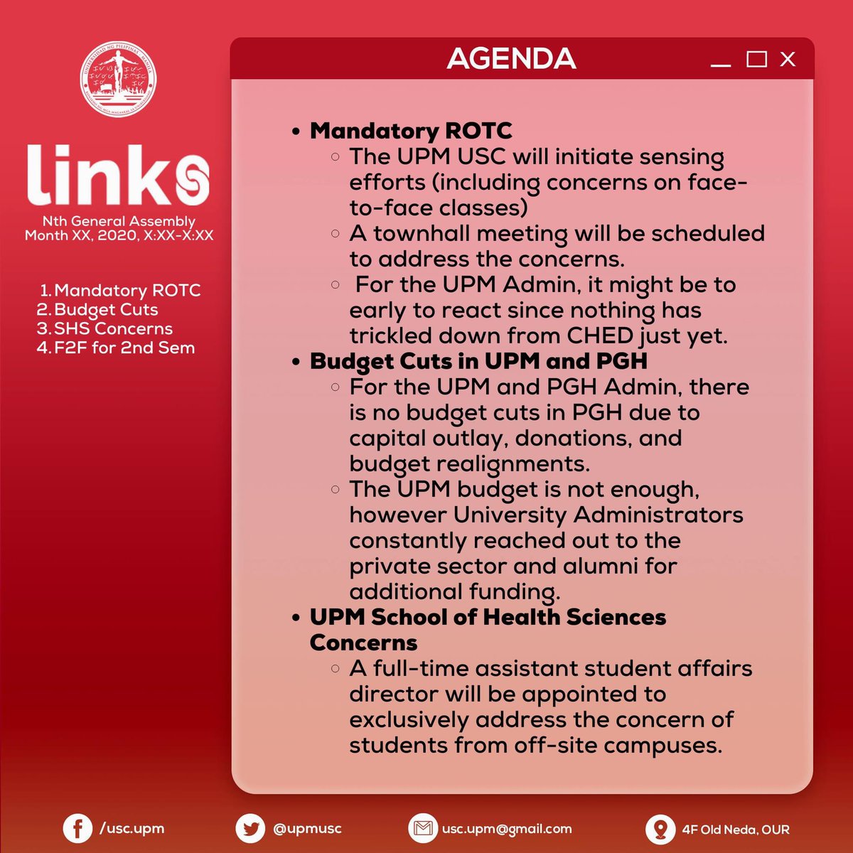UPMUSC's tweet photo. ICYMI: The UP Manila University Student Council alongside Student Regent Severino concluded a courtesy call with Chancellor Padilla, OVCAA, and OSA.

For comprehensive updates on MROTC, budget cuts in UPM, SHS concerns, and F2F next semester, refer to the summary below.

#OneUPM https://t.co/HwsgKw2a0r