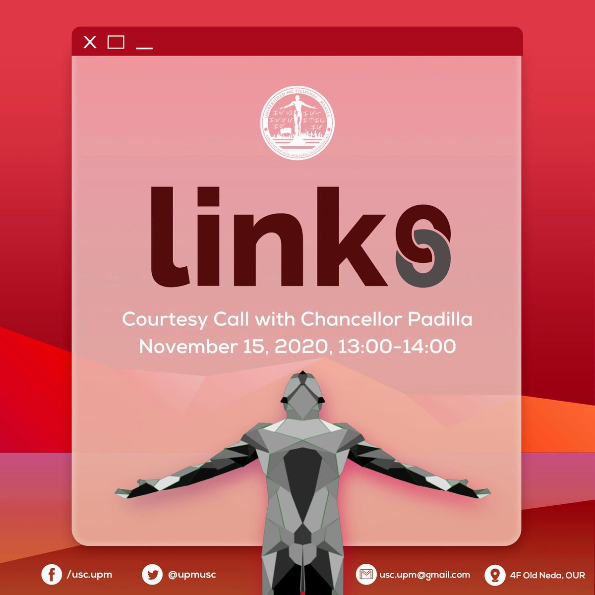 UPMUSC's tweet photo. ICYMI: The UP Manila University Student Council alongside Student Regent Severino concluded a courtesy call with Chancellor Padilla, OVCAA, and OSA.

For comprehensive updates on MROTC, budget cuts in UPM, SHS concerns, and F2F next semester, refer to the summary below.

#OneUPM https://t.co/HwsgKw2a0r