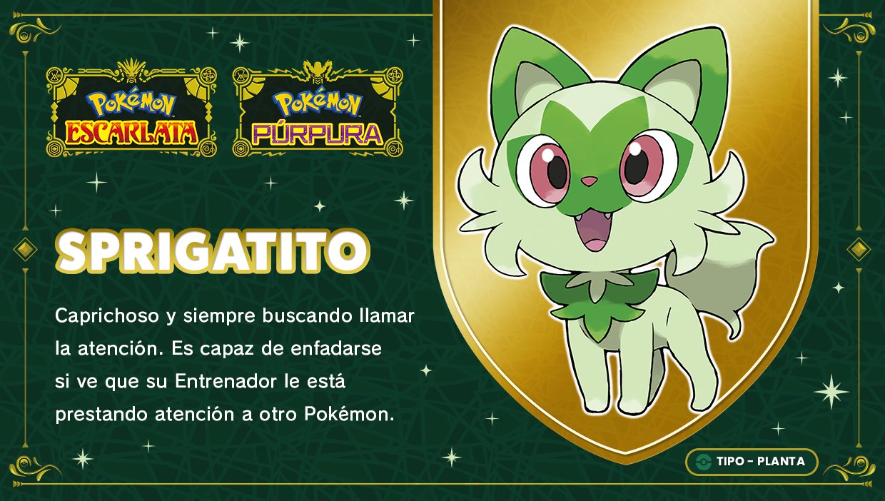 X 上的 Pokémon España：「Presentamos a Sprigatito, el caprichoso Pokémon Gato  Planta que adora ser el centro de atención. 🍃🐾 ¿Elegirás a Sprigatito en Pokémon  Escarlata y Pokémon Púrpura? ❤️💜 #EscarlataPurpura   /