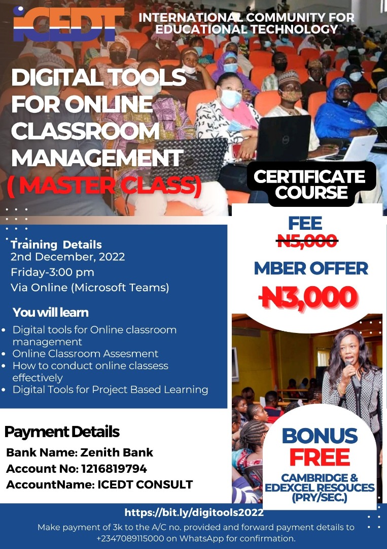 csfirstlagos's tweet image. Join this expository Master Class and learn all you need to know from conducting online classes to assessing students.

Event Details:
_Date: Friday 2nd Dec, 2022.
_Time: 3pm - 5pm 
_Fee: N3,000.00
_ Venue: Online 
(Microsoft Teams)

REGISTER HERE NOW
bit.ly/digitools2022