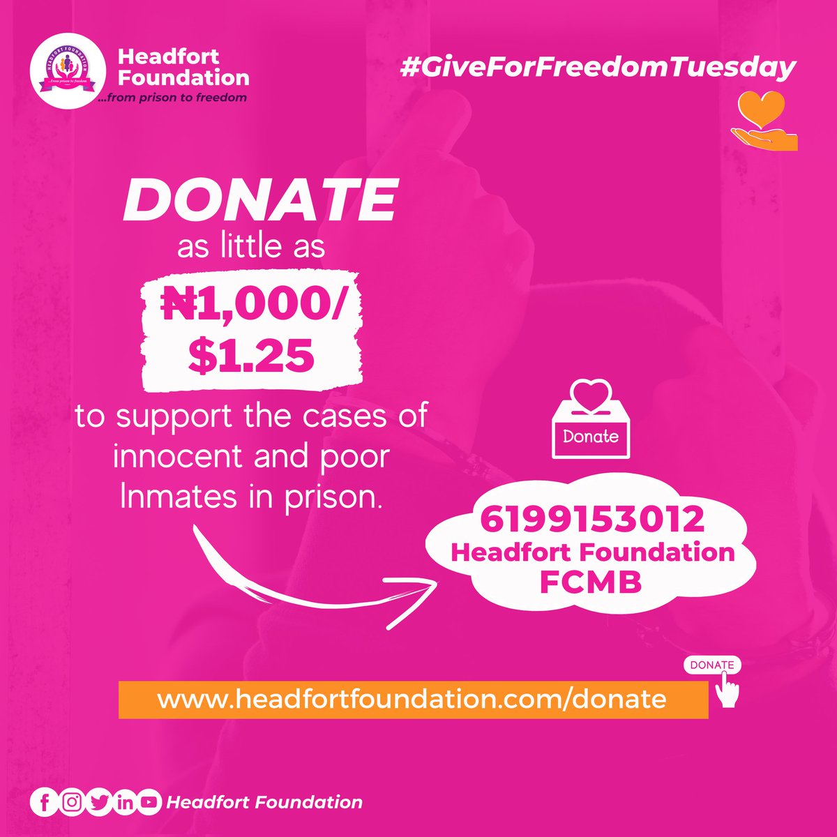 HeadfortF's tweet photo. It's #GiveForFreedomTuesday ππ½
And today, you can donate as little as β¦1,000/$1.25 to support the cases of innocent and poor Inmates who are languishing in prisons across Nigeria.
Kindly donate to; 6199153012, Headfort Foundation, FCMB.
Or via https://t.co/sn5qOKdeE0 https://t.co/E1jKtZ7til