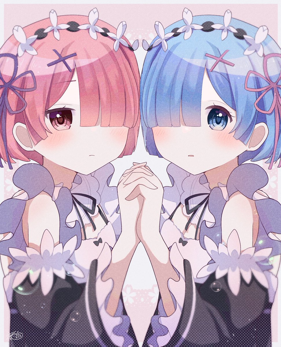 ram (re:zero) ,rem (re:zero) multiple girls 2girls roswaal mansion maid uniform blue hair twins blue eyes siblings  illustration images