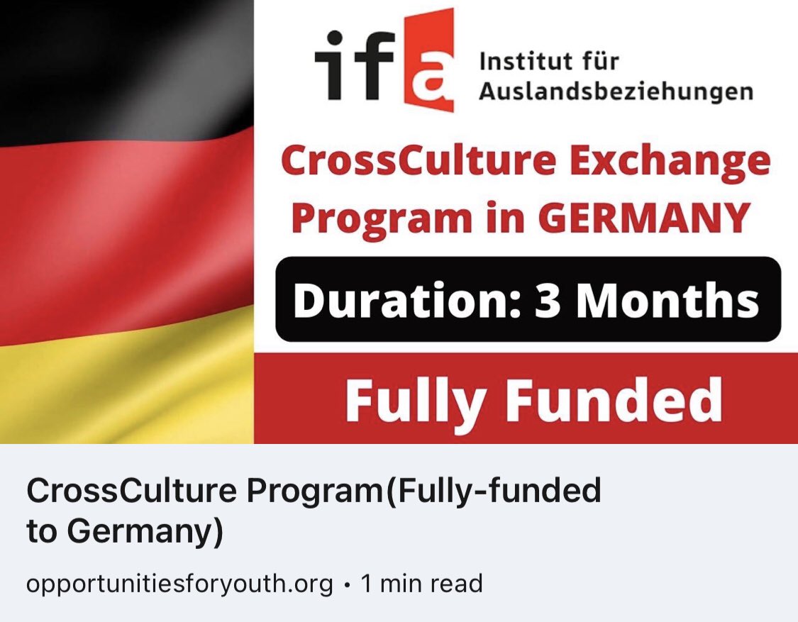 opportunitiesfy's tweet photo. Fully Funded - CrossCulture Exchange Program 2023 in Germany / CCP Partner Countries

Duration: 2-3 Months

Find more details or apply via: https://t.co/hCH2JjmmpG

#CrossCulture #crossculturefellowship #germany #exchangeporgram #ExchangesAre #leadership  #culturaldiversity https://t.co/1GcvzB6xLO