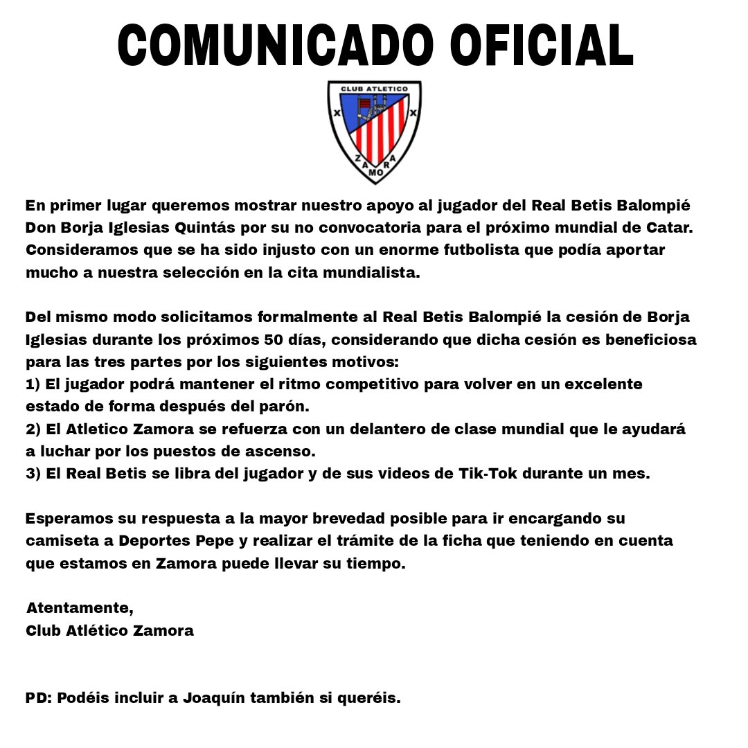 🔴 Comunicado Oficial ⚪

El Club Atletico Zamora solicita formalmente al Real Betis Balompié la cesión de su jugador Borja Iglesias Quintás durante los próximos 50 días.

CC <a href="/RealBetis/">Real Betis Balompié 🌴💚</a>
<a href="/BorjaIglesias9/">Borja Iglesias</a>