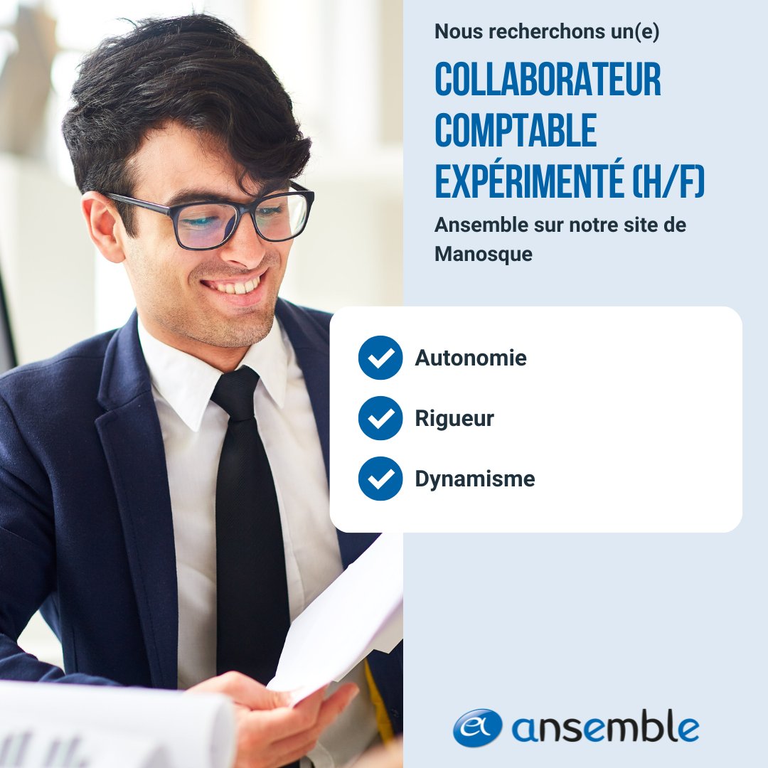 [👩‍💼 ANSEMBLE RECRUTE 👨‍💼]

Notre cabinet à Manosque recherche un collaborateur comptable expérimenté (H/F).

Retrouvez nos offres :
👉Site web :  urlz.fr/jNTT
👉Indeed : urlz.fr/jLov 
👉Pôle Emploi : urlz.fr/jLoy

#recrutement #comptabilité