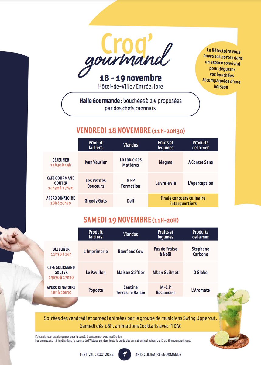 CaenOfficiel's tweet photo. 🥧 Pendant 2 jours, vous pourrez déguster les créations de chefs caennais dans la salle du Réfectoire, avec ambiance musicale le soir.
> vendredi de 11h à 20h30
> samedi de 11h à 20h
Voici le menu des bouchées à 2€ 👇
#CroqGourmand #CroqFestival #Caen https://t.co/YrsETn5l1D