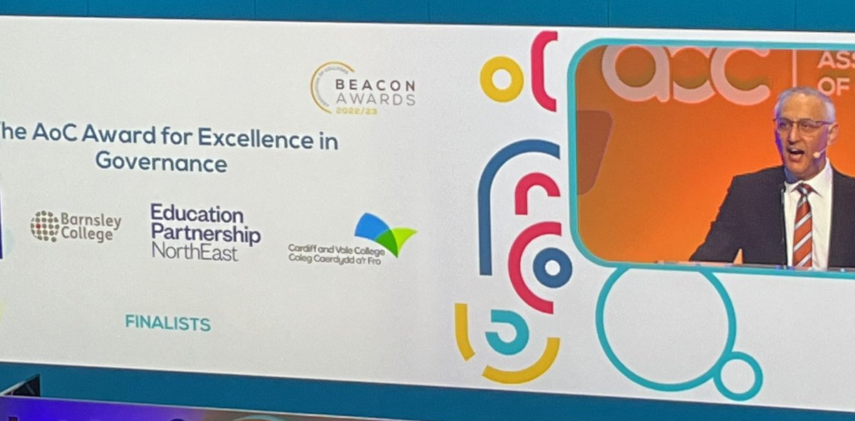 SmjamesJames's tweet photo. Delighted to attend the AoC conference and thrilled to be shortlisted for an AoC Beacon Award for Governance! Well done to all our governing body for their outstanding leadership @CAVC @AoC_Create #AoCConf2022 #LoveOurColleges https://t.co/IsdOIi63gb