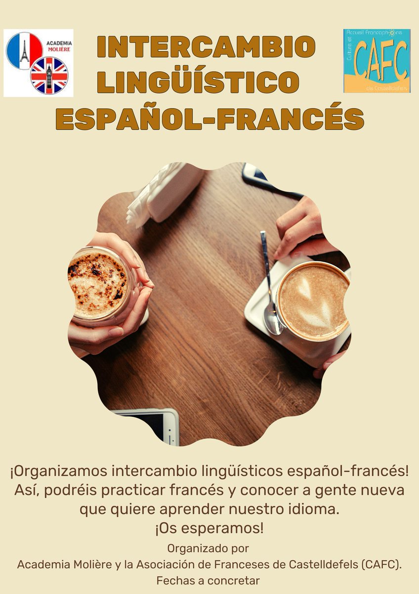 Cada semana hacemos un intercambio lingüístico con nuestros alumnos de francés y personas francesas nativas que viven en Castelldefels.
Se conversa español/francés, así cada uno práctica el idioma y la fluidez en hablar.🙂 
#academiamoliere #castelldefels #castelldefelspueblo