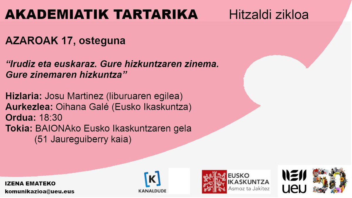 Ostegun huntan, Akademiatik Tartarika hitzaldi zikloaren baitan, Josu Martinezen liburuaren aurkezpena.
Orain arteko hitzaldiak 👉 kanaldude.eus/sailak/hitzald…
@ueu_orokorra @EIparralde @josuzinez @OihanaGZ