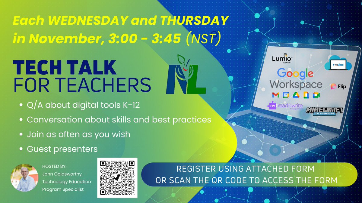 MrGoldsworthy12's tweet photo. This week's 'Tech Talk for Teachers' sessions include guest presenters @Steve_Earle15 discussing PhET and @mme_hopkins for Digital Portfolios. All @nlesdca @nltatesic educators welcome! Scan the QR code or use Form attached #LeverageDigital https://t.co/srx5RrUo5g