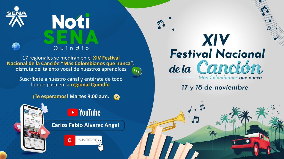 ccaralvar's tweet photo. Se acerca la hora de conocer la voz ganadora del Festival Nacional de la Canción de Aprendices y en NotiSENA te contaremos detalles de este evento que engalana a la regional Quindío, a partir de las 9:00 am desde #Tecnoacademia te esperamos https://t.co/EtfOShWHUR, https://t.co/L0OMdhSRmK