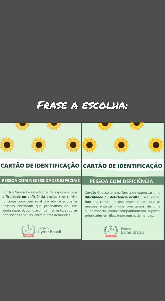 Lyme_Brasil's tweet photo. Serão duas cores disponíveis de identificação: branca ou verde claro

Serão dois modelos disponíveis de cordão: cordão girassol e cordão girassol com espectro autista.

Escolher entre "pessoa com deficiência" ou "pessoa com necessidades especiais". https://t.co/U6Eke9YRmZ