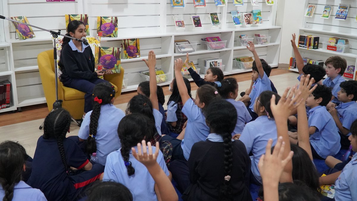 AIS_SchLibrary's tweet photo. Today we launched AIS Authors with our very talented author Aisha Al Suwaidi in grade 9 who read her book The Sad Dragon to our students. Aisha wrote this book when she was 9 yrs old &amp; published it when she was 11 yrs old. What an inspiring moment for our students! #AISAuthors https://t.co/RLvfh87LVA