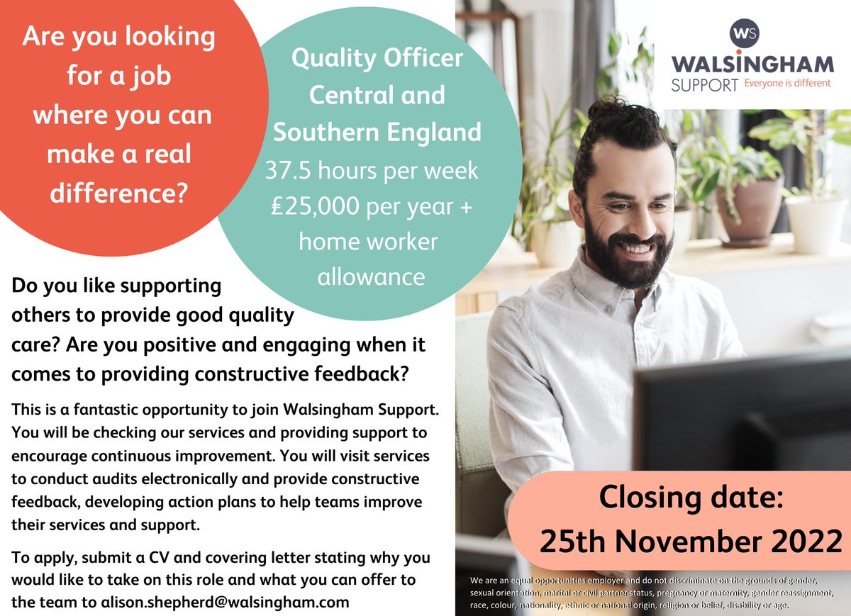 If you are looking for a career where you can make a positive difference to people's lives then check out our vacancy for a Quality Officer, covering Central & Southern England. Email your CV & cover letter to alison.shepherd@walsingham.com to apply #health #socialcare #jobs