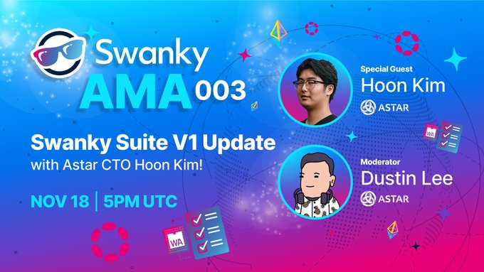 🔹 @Swankywasm Suite V1 Update With <a href="/AstarNetwork/">Astar Network</a> CTO Hoon Kim <a href="/hoonsubin/">The Hooner</a>!

🔹 Topics on how Swanky started, and highlights on Swanky Suite V1

🗓️Nov 18, 5PM UTC

⬇️Venue:
x.com/i/spaces/1yNGa…