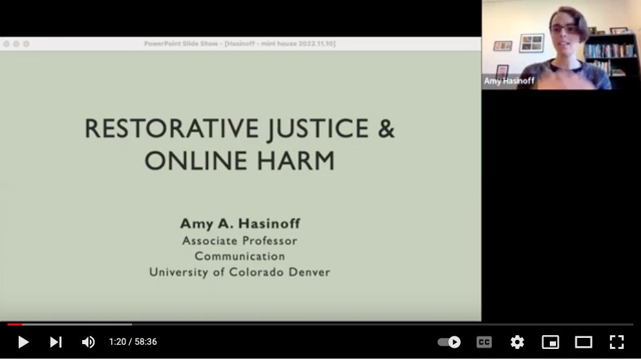 The Mint House - Centre for Restorative Practice (@minthouserp) on Twitter photo The event recording for 'Restorative justice and online harm' with <a href="/amyadele/">Amy A. Hasinoff</a> is now online! If you missed it, catch up here: youtube.com/watch?v=V9hu2a… #restorativejustice #transformativejustice The event recording for 'Restorative justice and online harm' with <a href="/amyadele/">Amy A. Hasinoff</a> is now online! If you missed it, catch up here: youtube.com/watch?v=V9hu2a… #restorativejustice #transformativejustice