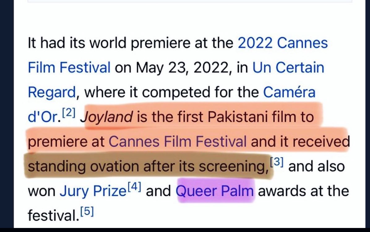 rabyazya's tweet photo. ‼️Not much clearance⁉️
        Here it is ⤵️
Movie is Recognised As #LGBTQ Movie.! #joyland #JoylandBan #JoylandvsIslam #Trending 
The reason it should ban . Queer palm is awarded to Lgbtq movies. https://t.co/4gYHfFtGUb