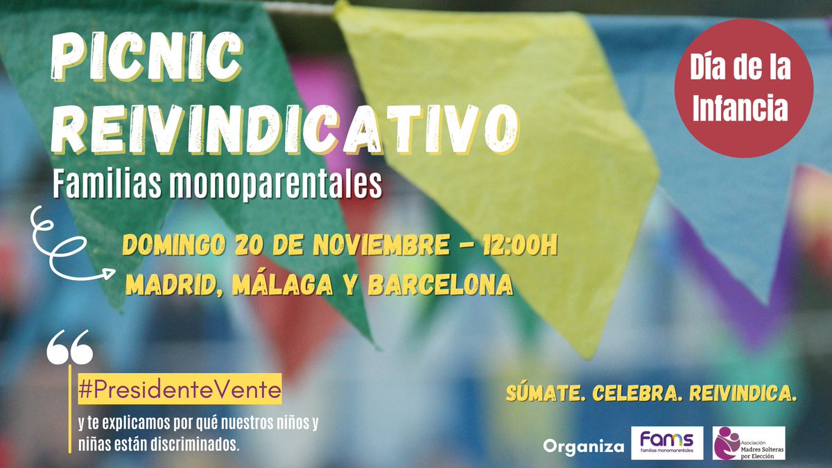 #PresidenteVente a nuestro picnic reivindicativo en el #DiaDeLaInfancia y te explicamos por qué nuestros niñ<a href="/s/">『S』</a> están discriminados.
👍Invitadas todas las #familiasmonoparentales, entidades y grupos políticos.
🗓️ Domingo 20 de noviembre 2022
⏰ 12:00h
📍 Madrid, Málaga y Barcelona