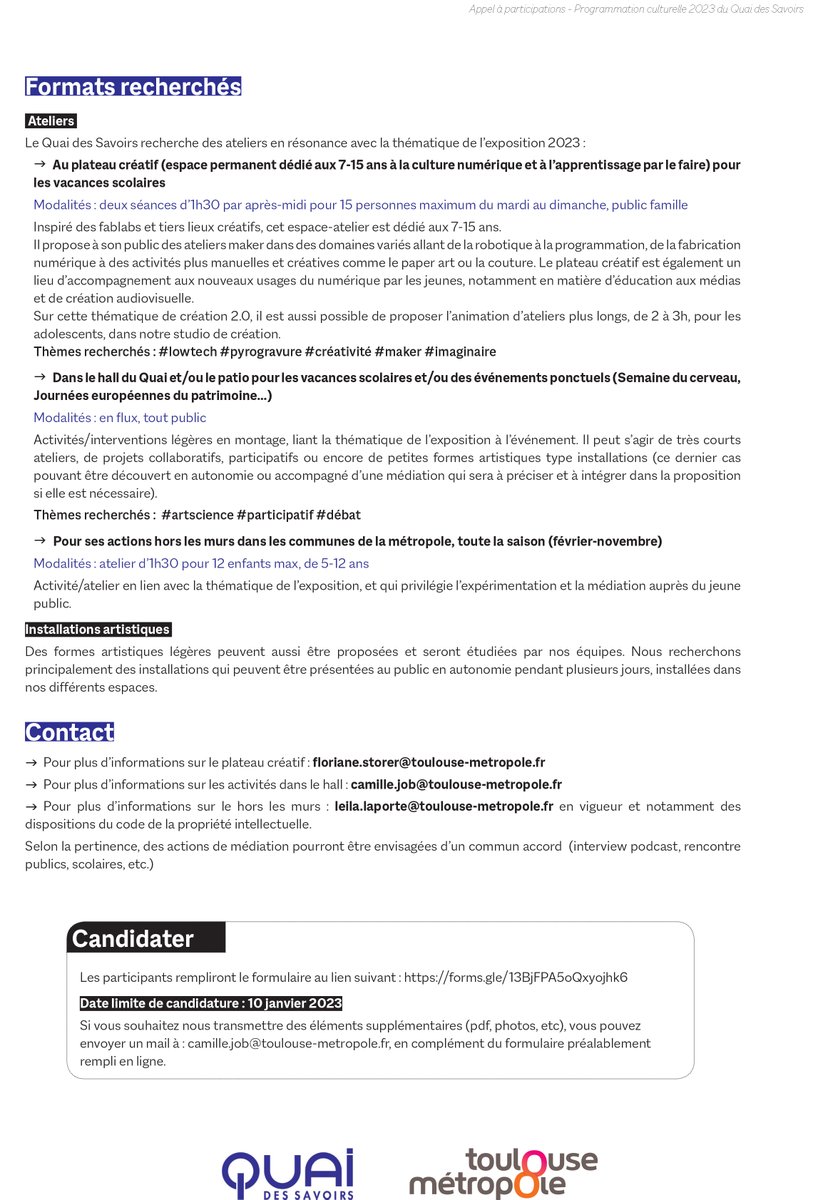 [#AppelàProjets] Programmation culturelle : saison 2023 #FEUX, MEGAFEUX

OYEZ OYEZ ! Nous recherchons des #ateliers et #installations artistiques #ArtsSciences en résonance avec la thématique de l’exposition 2023.

📅Candidatures➡️ 10/01/23

ℹ️ quaidessavoirs.fr/espace-acteurs…